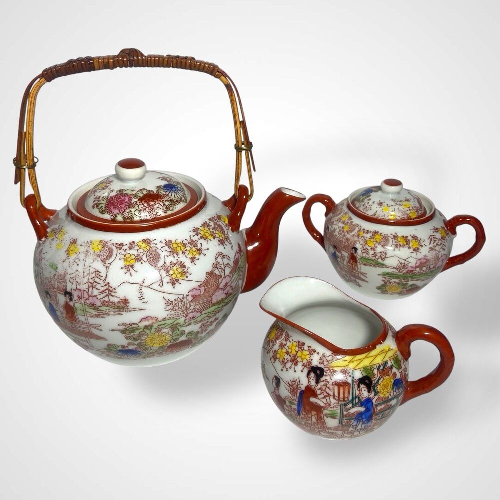 Antique Japanese Kutani Porcelain Tea Set Teapot Sugar Bowl Creamer Floral